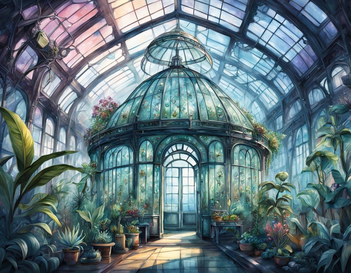 Futuristic Greenhouse with Bioluminescent Alien Plants in Wa...