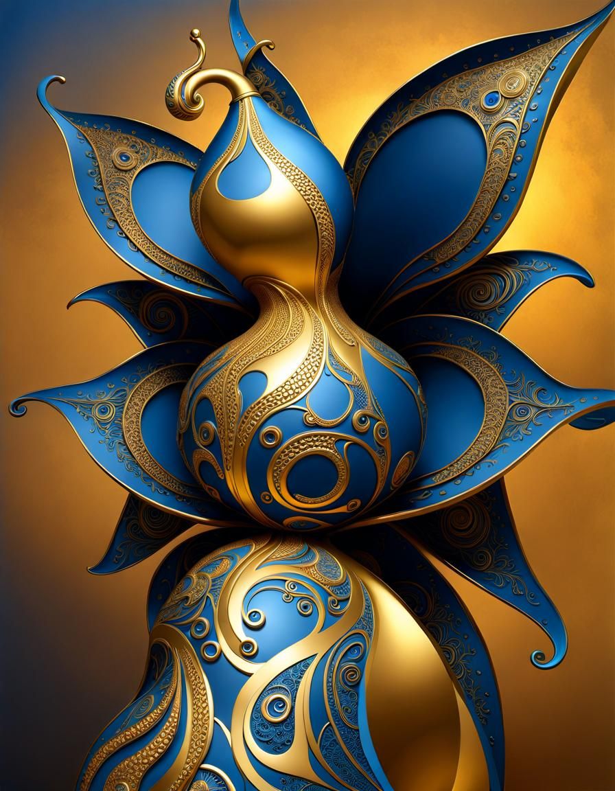 Gourd in Metallic Gold and Matte Blue Art Brut Style