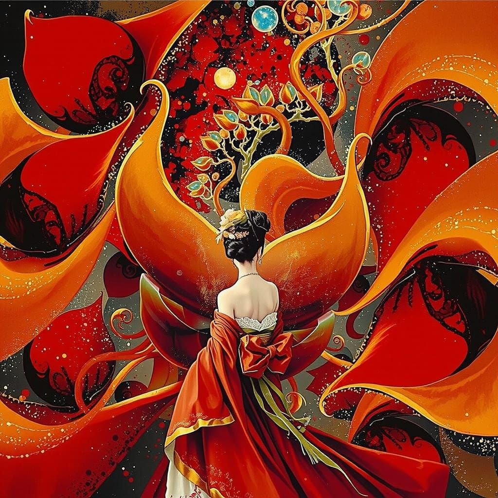 Elegant Geisha in Crimson Kimono Amidst Luminous Flora