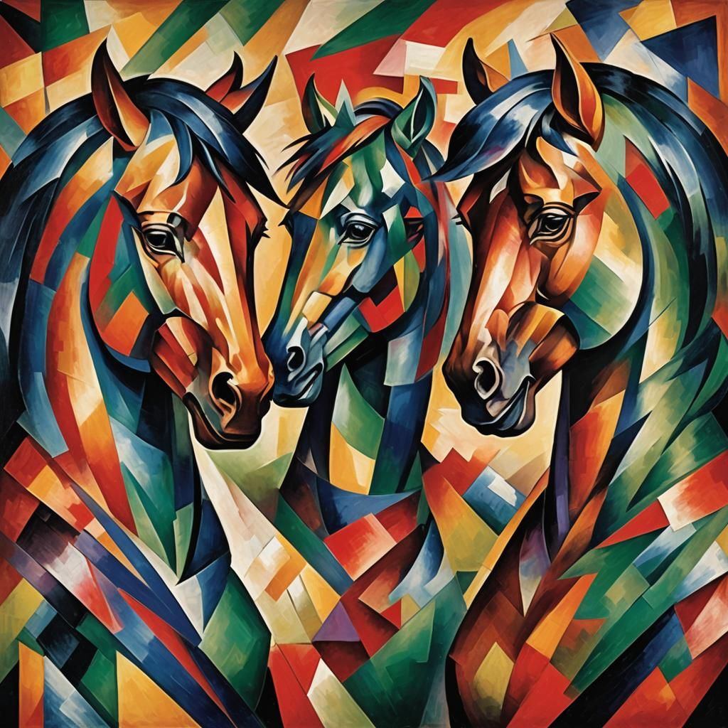 Geometric Horse Busts in Cubist Art Deco Style