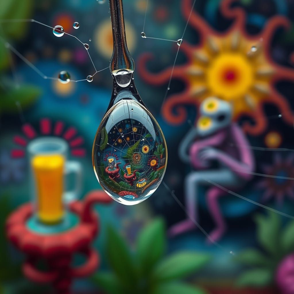 Psychedelic Raindrop Reflecting a Miniature Utopia