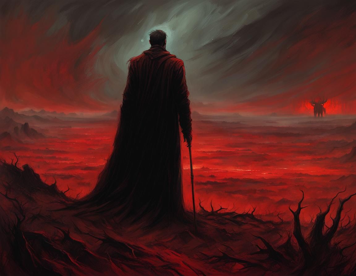 Hellish Encounter: Man Confronts Devil in Dark Fantasy Art