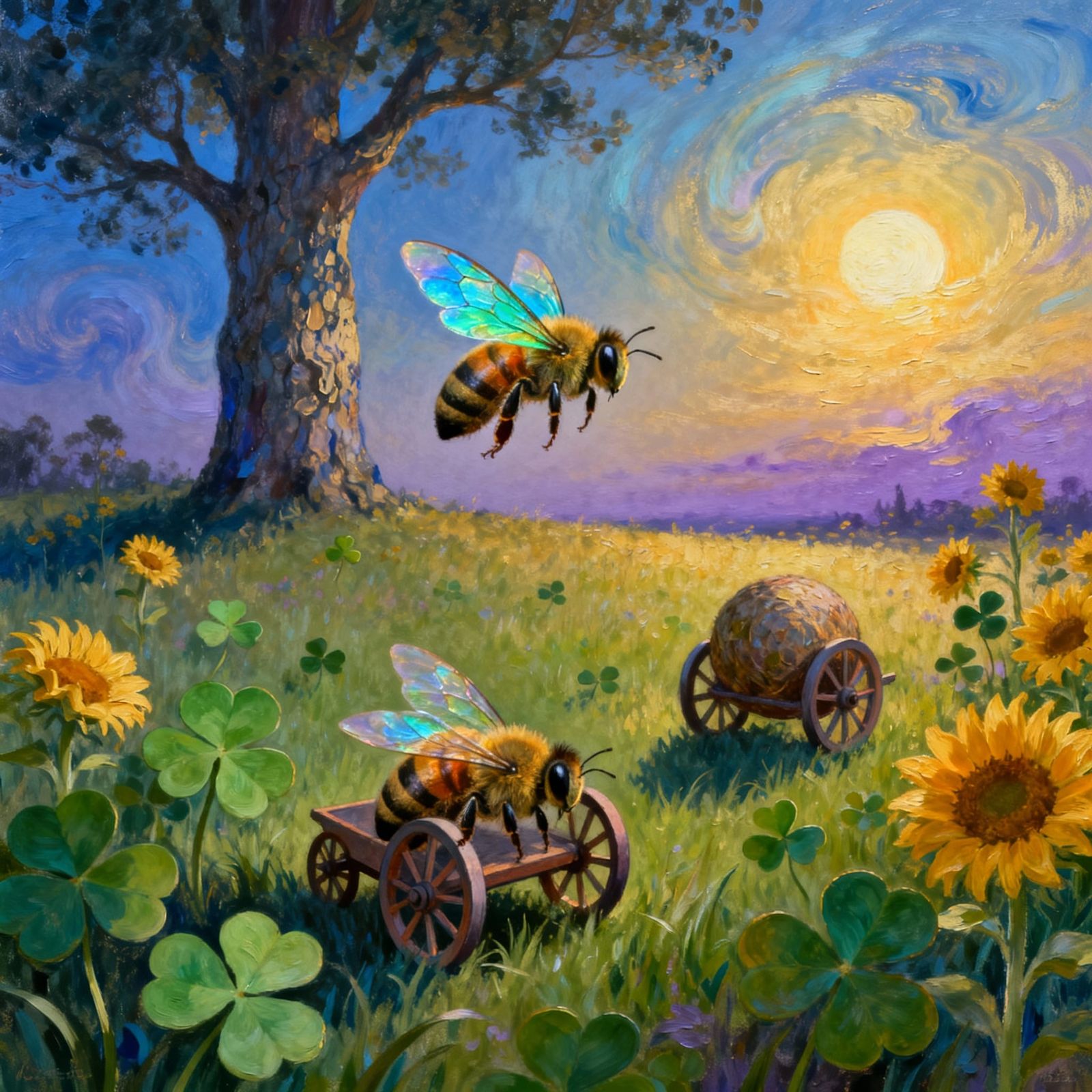 Whimsical Meadow Twilight Scene with Bees