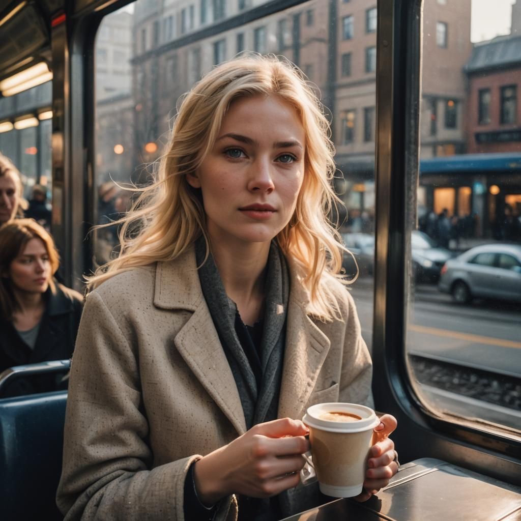 Young Woman on Train at Dawn: Hyperrealistic Art