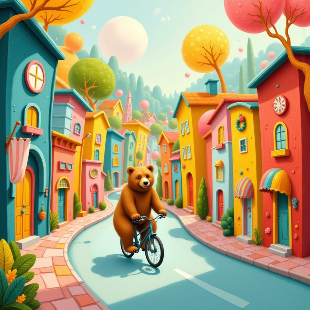 Whimsical Bear Rides Backward Through Cubist Cityscape