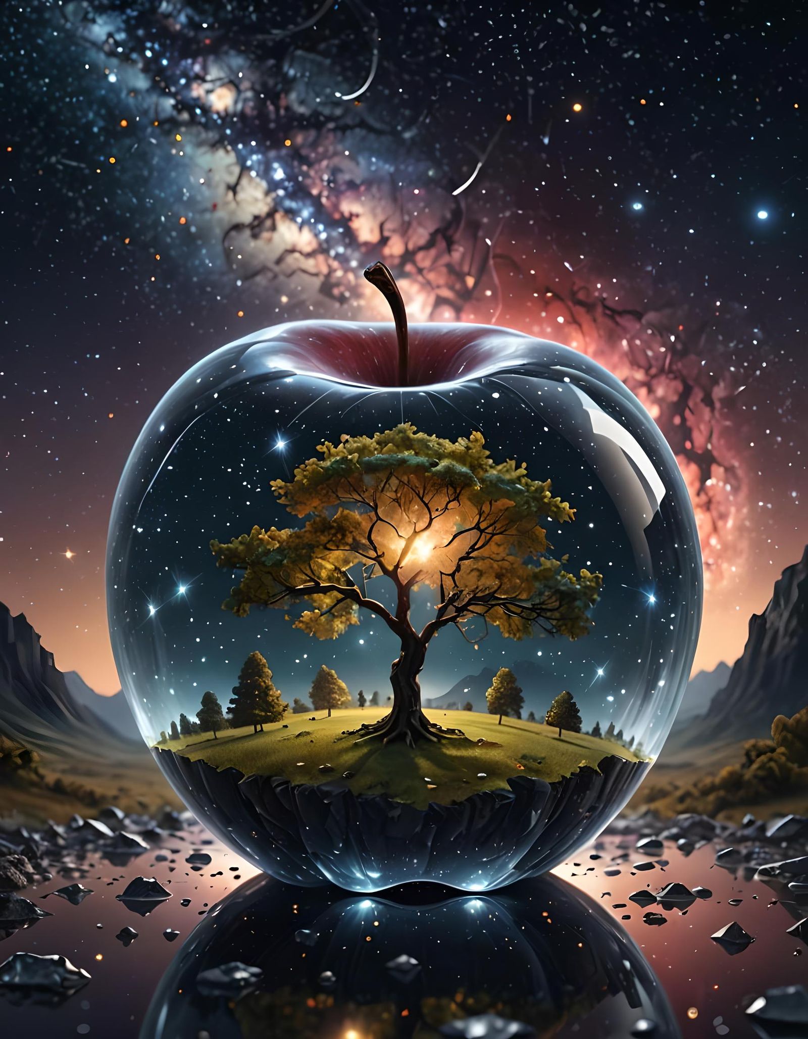 Starry Galaxy Inside a Crystal Apple