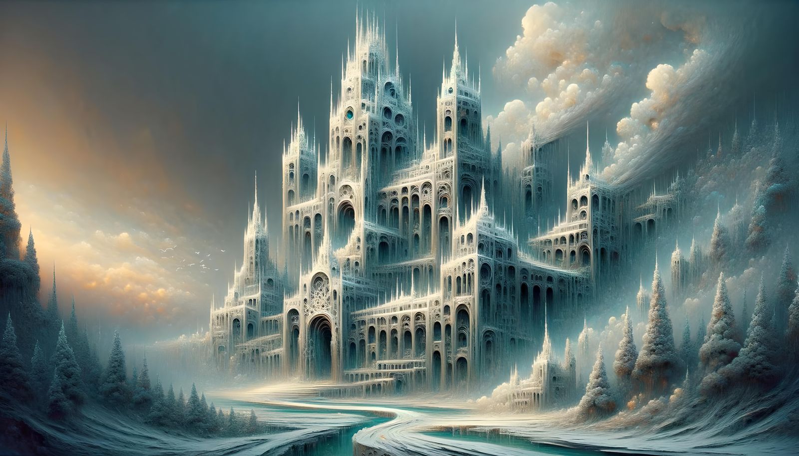 Gothic Castle in Winter Landscape: Surrealist Painting