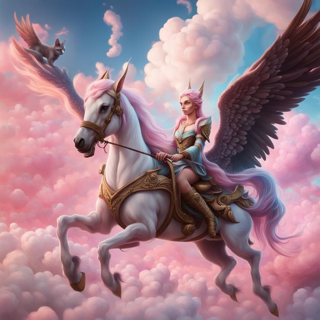 Elf Rides Pegasus Through Cotton Candy Clouds