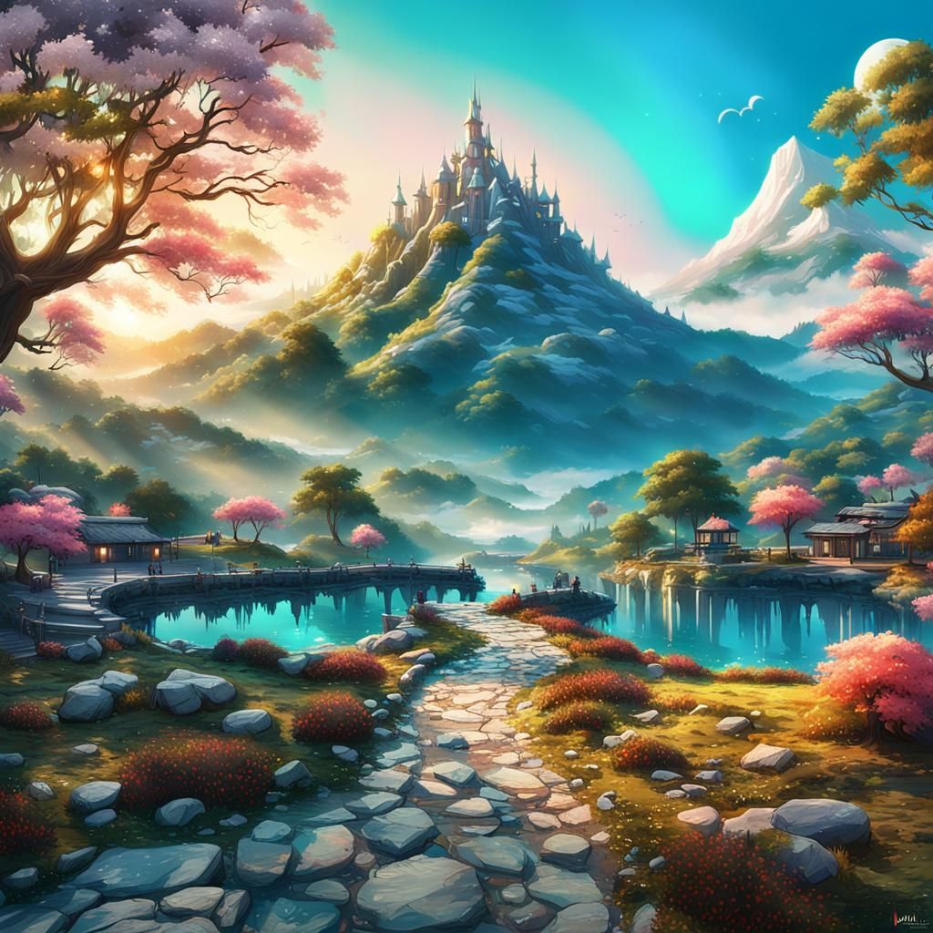 Surreal Magical Landscape in 3D Anime Style