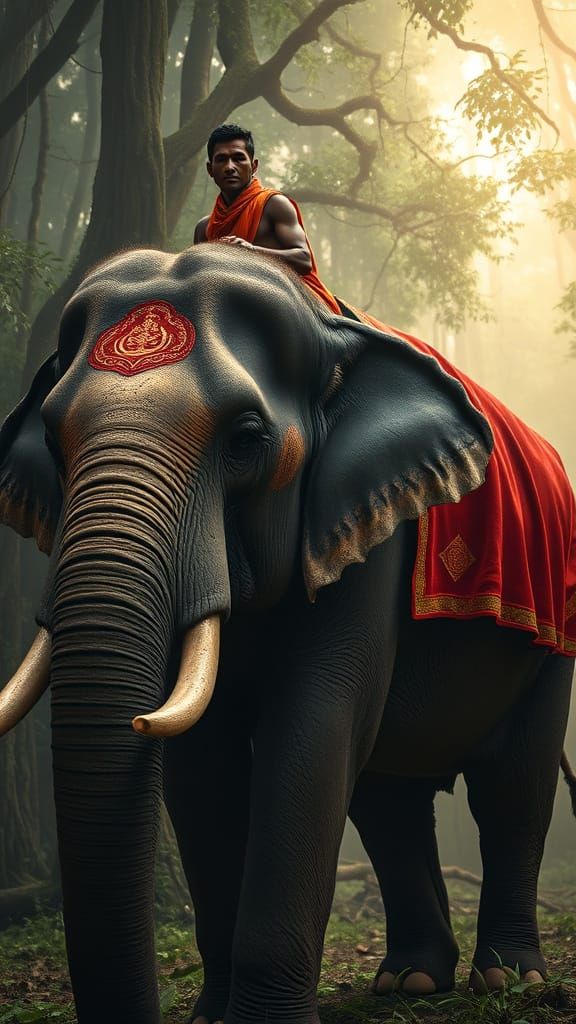 Majestic Elephant in Regal Thai Attire, Amidst Misty Rainfor...