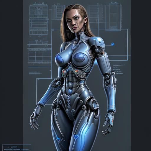 Detailed Blueprint of a Female Cyborg in AutoCAD