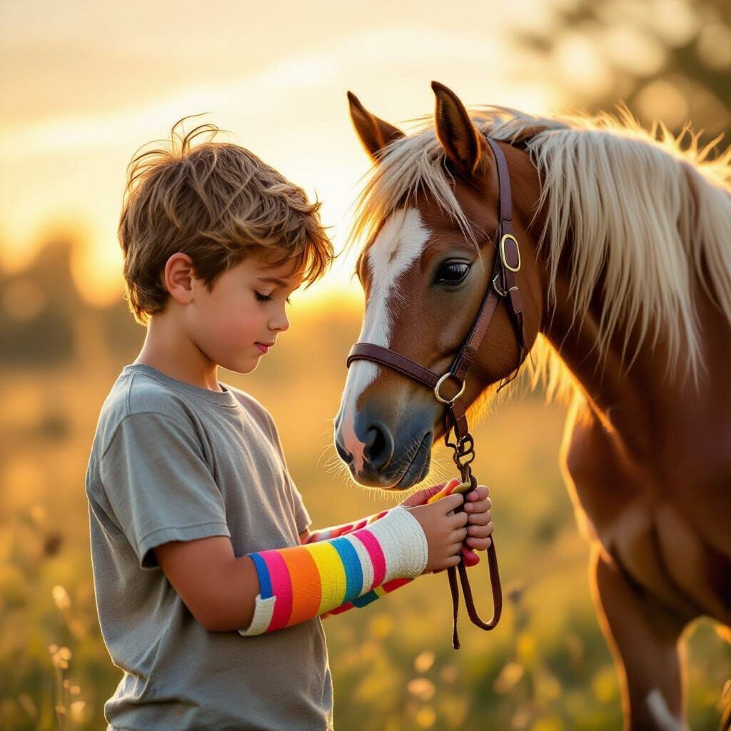 Hopeful Recovery: Boy and Pony Heal Together in Golden Light