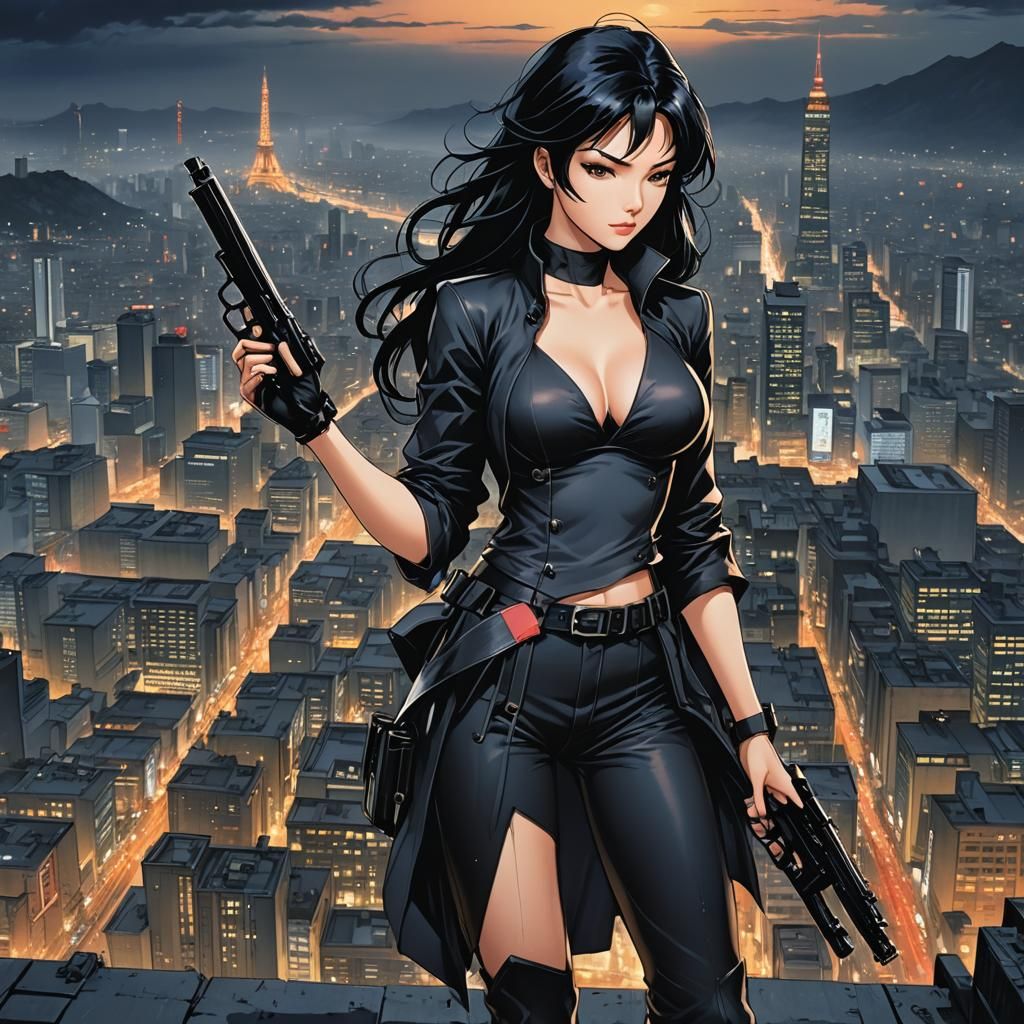 Anime Secret Agent in Moody Cityscape at Dusk