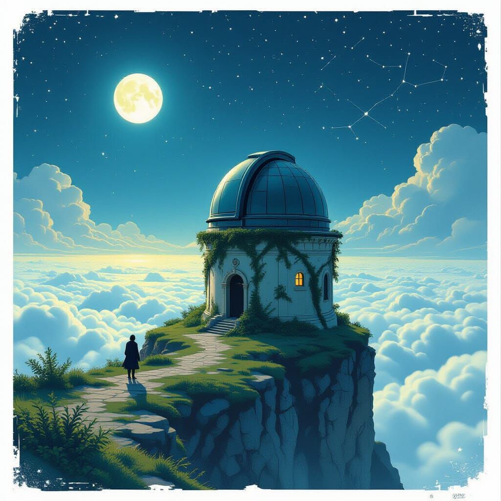 A grand, weathered observatory stands alone on a windswept c...