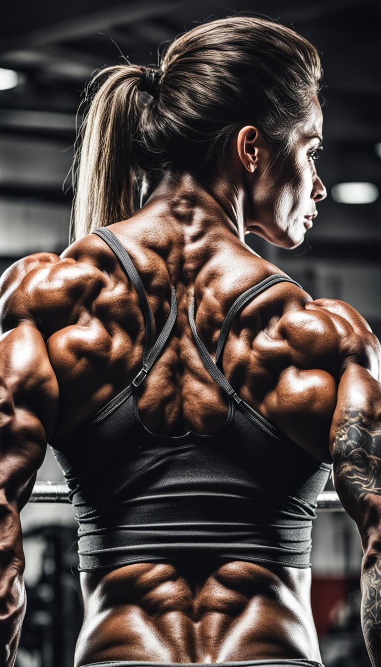 Powerful Female Bodybuilder Rear Lat Spread Close-Up