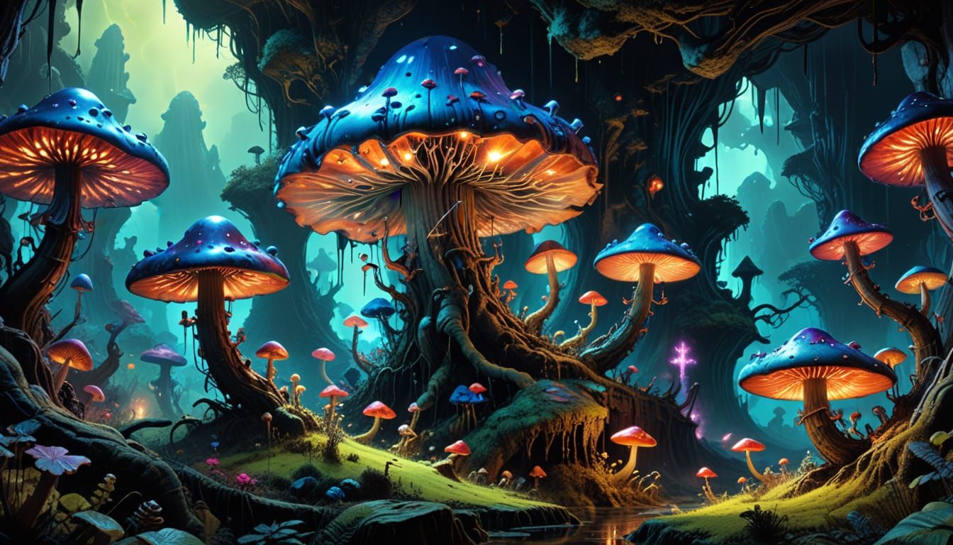Glowing Mushrooms in Hidden Valley: Alcohol Ink Fantasy