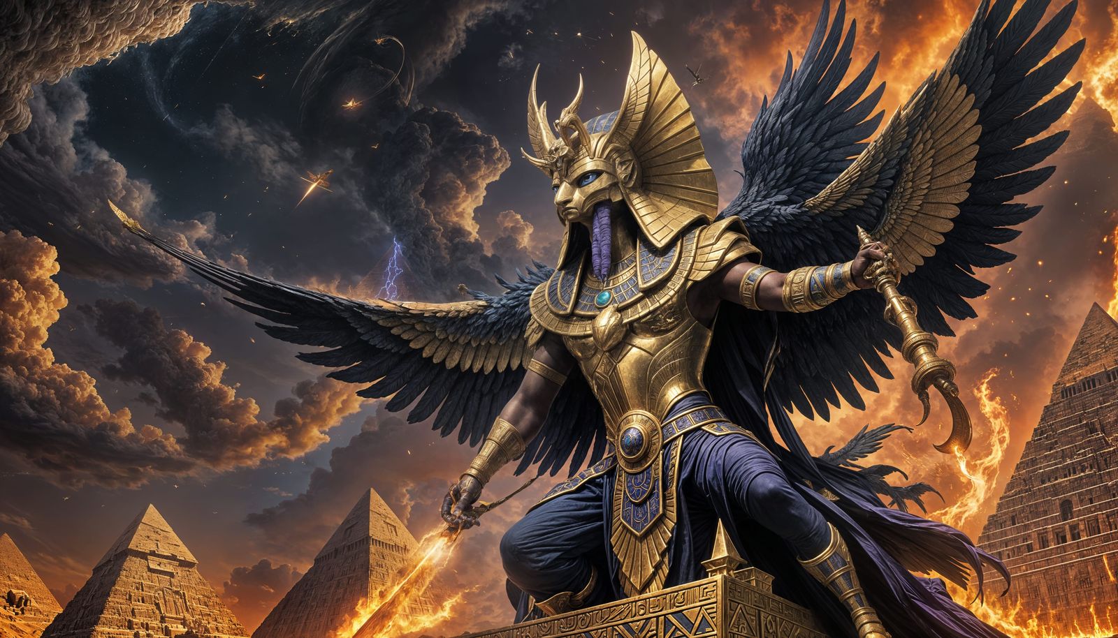 Amun Over Pyramids with Golden Phoenix, Dark Fantasy