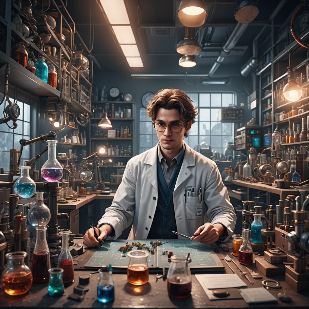 Young Scientist Working in Lab: Detailed Matte Painting