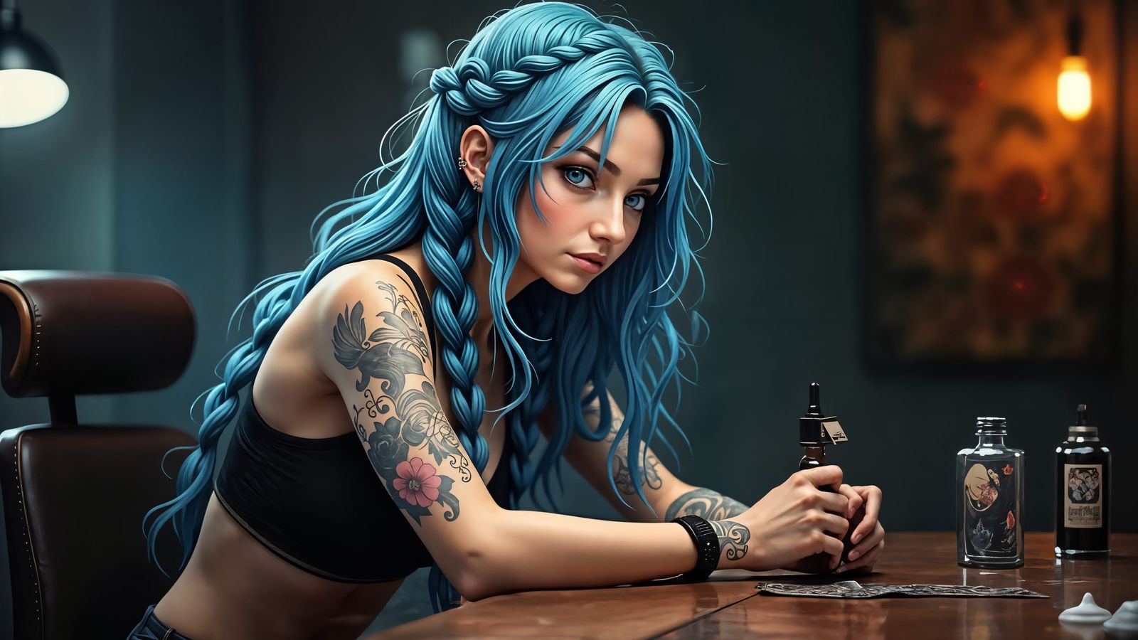 Ethereal Woman with Braided Hair in Ink Flow