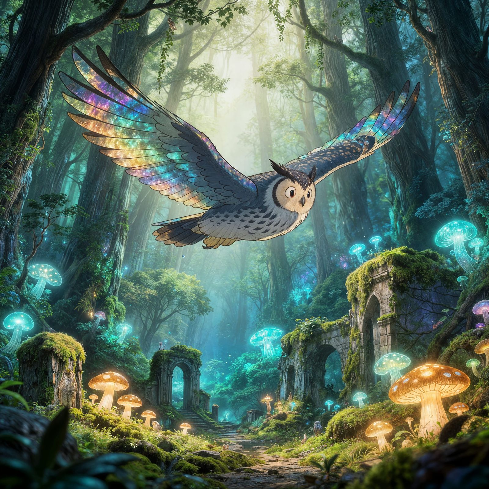 Majestic Owl Soars Through Bioluminescent Forest