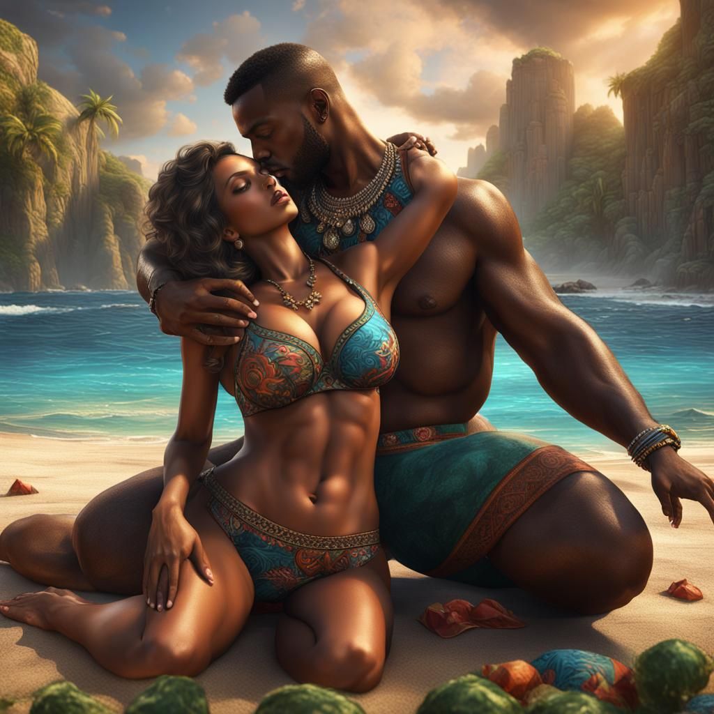 Romantic Beach Scene: Kiss in a Fantasy Painting