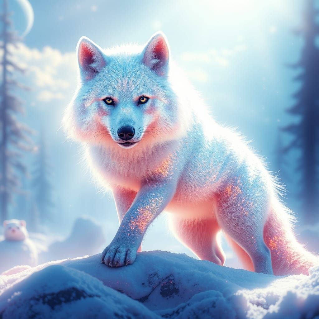 Iridescent Snow Wolf and Red Panda Hybrid
