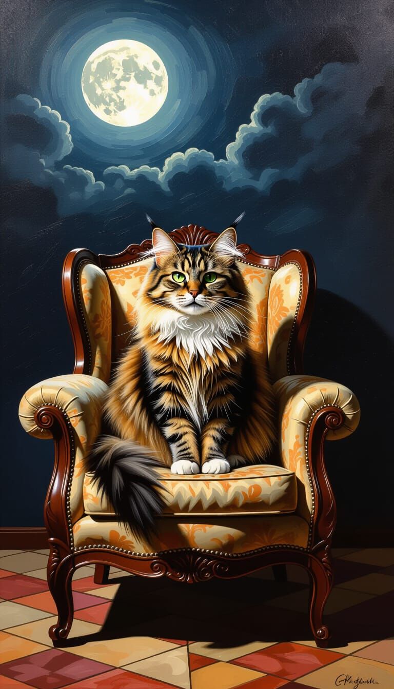 Majestic Cat in Moonlight on Armchair