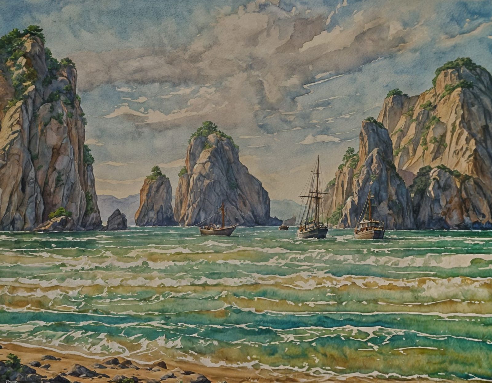 Landscape in Gouache Style Watercolor Painting