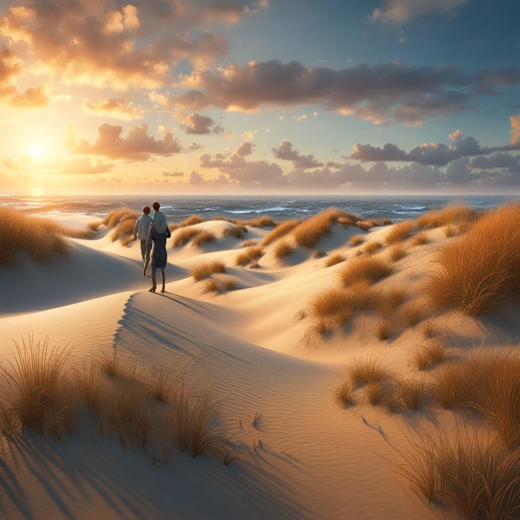 Sunset Silhouette: Couple on Dunes as Matte Painting