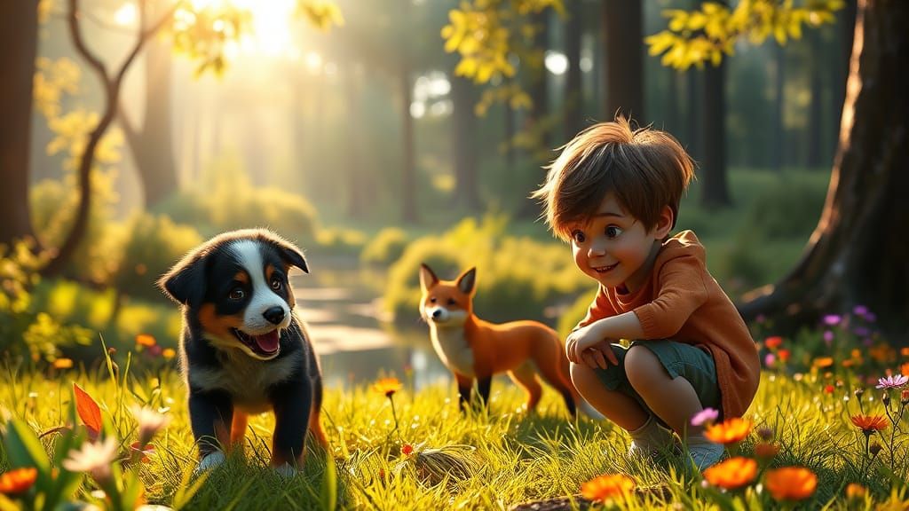 Serene Forest Scene in Warm Sunlight with Playful Bernese Mo...