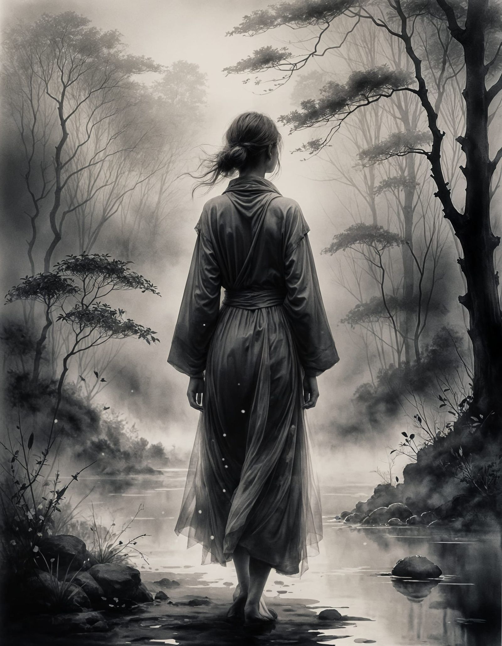 Ethereal Woman in Misty Ink Wash Painting