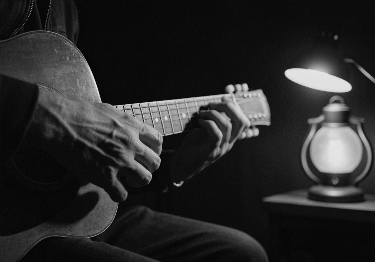 Musician's Hands on Worn Guitar in Moody Lighting