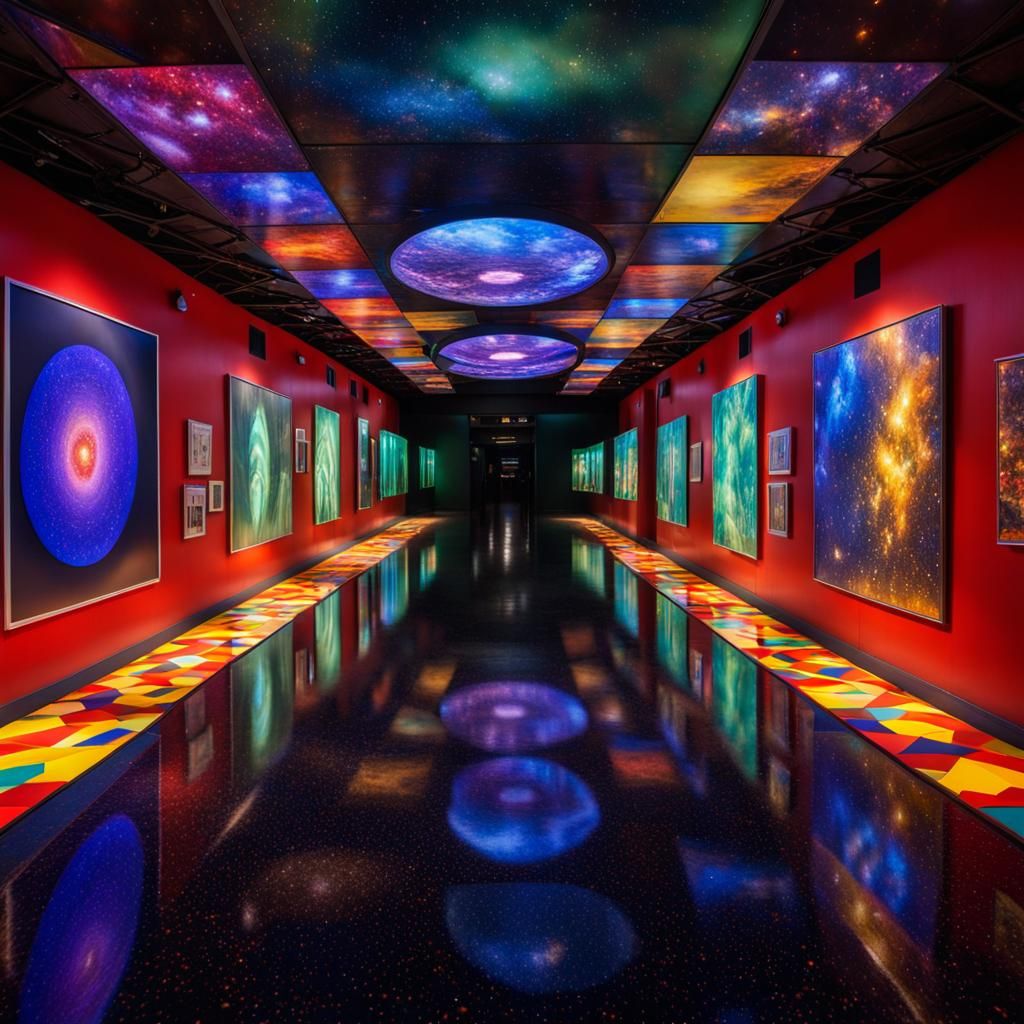 Surreal Museum Installation with Galaxy Floor and Neon Light...