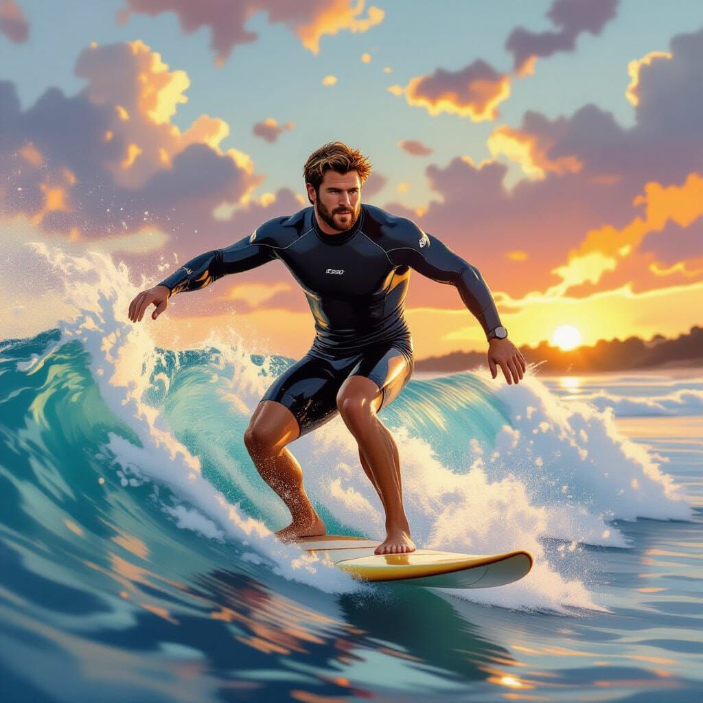 Surfer Rides Wave in Vibrant, Stylized Australian Scene