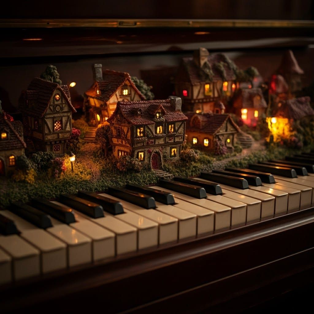 Magical Village Piano Keyboard in Hyperrealistic Style