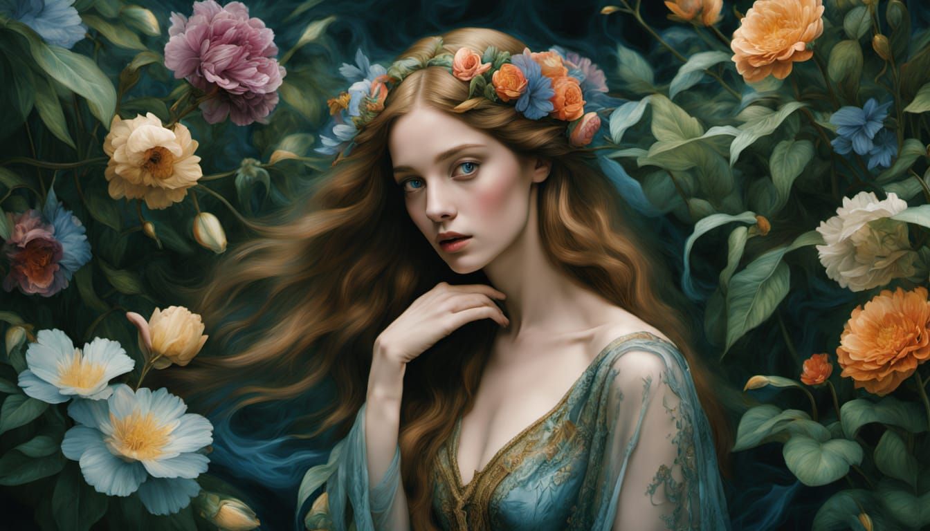 Pre-Raphaelite Woman in Ethereal Garden