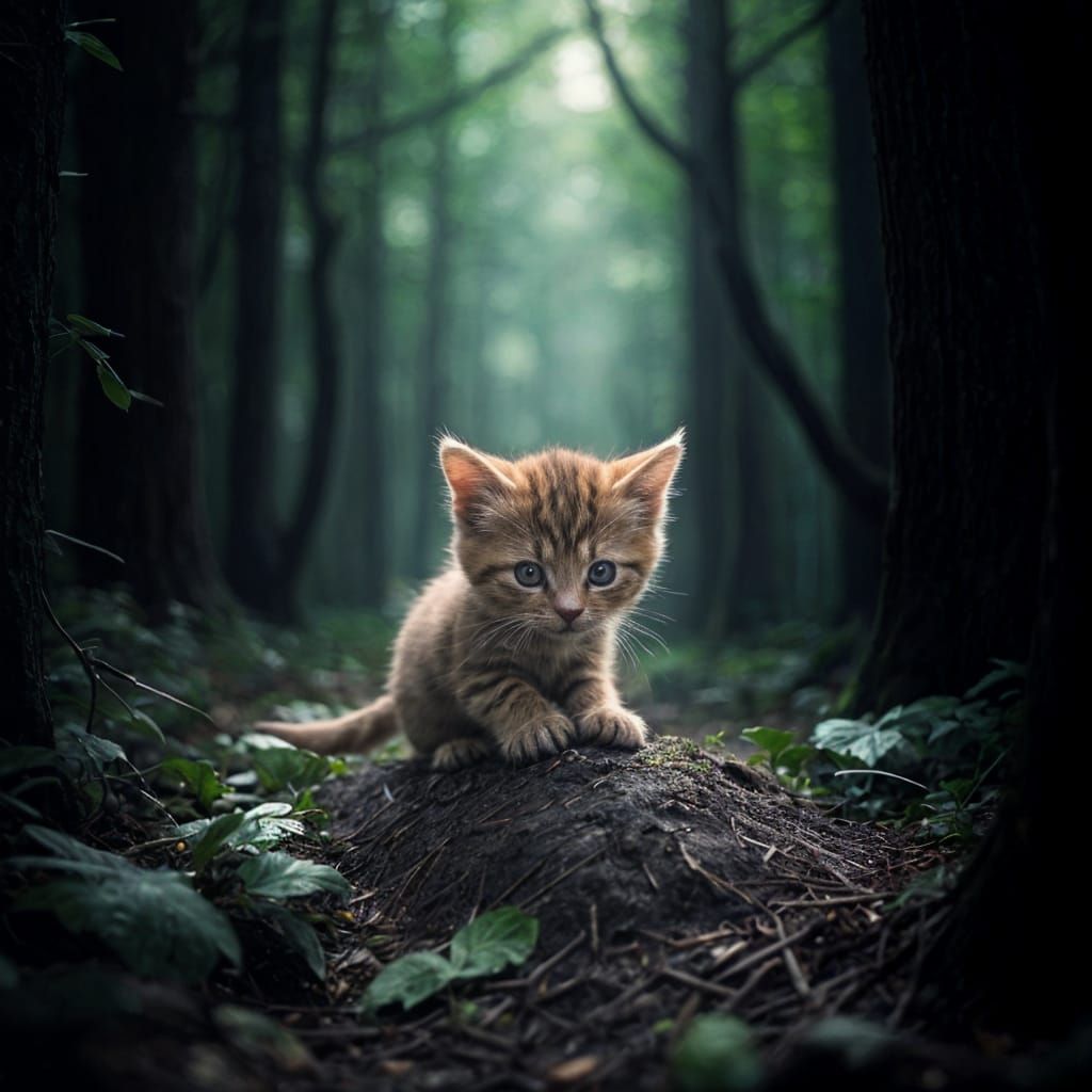 Whimsical Kitten Plays with Dirt in Mysterious Darkness
