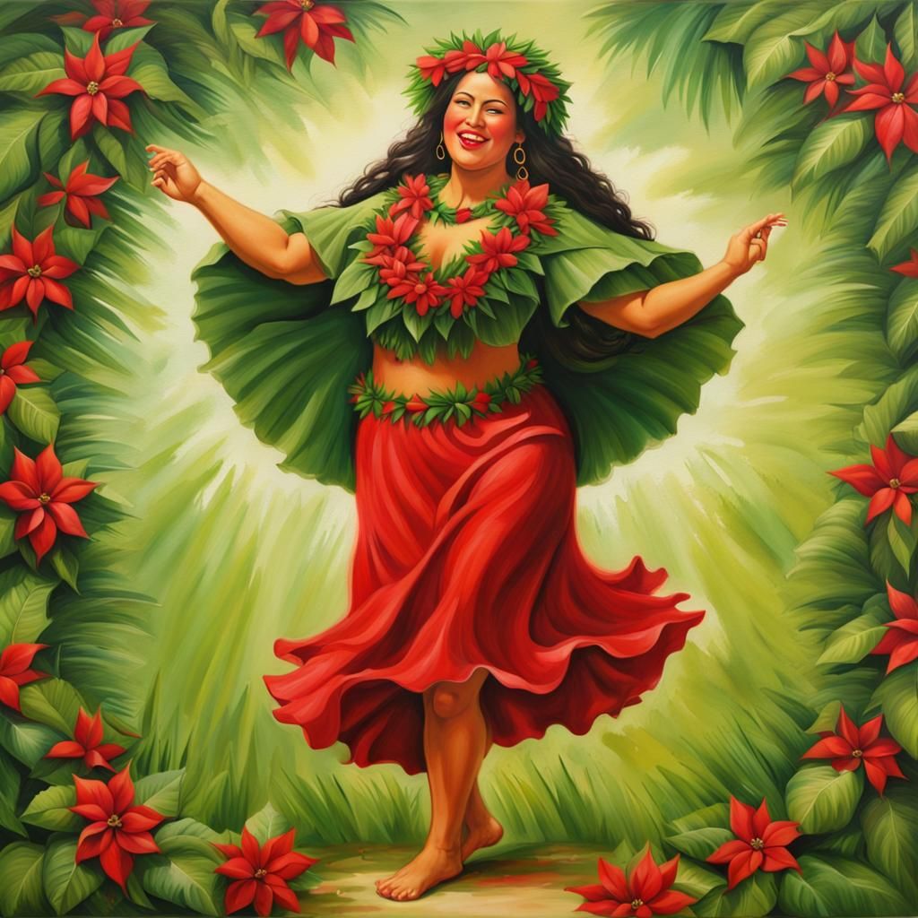 Festive Hula Dancer in Detailed Oil Painting Style