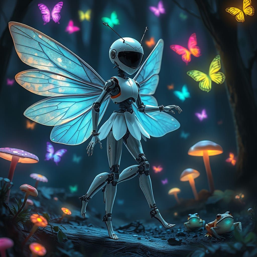 Fairy Robot in Mystical Cyberpunk Forest