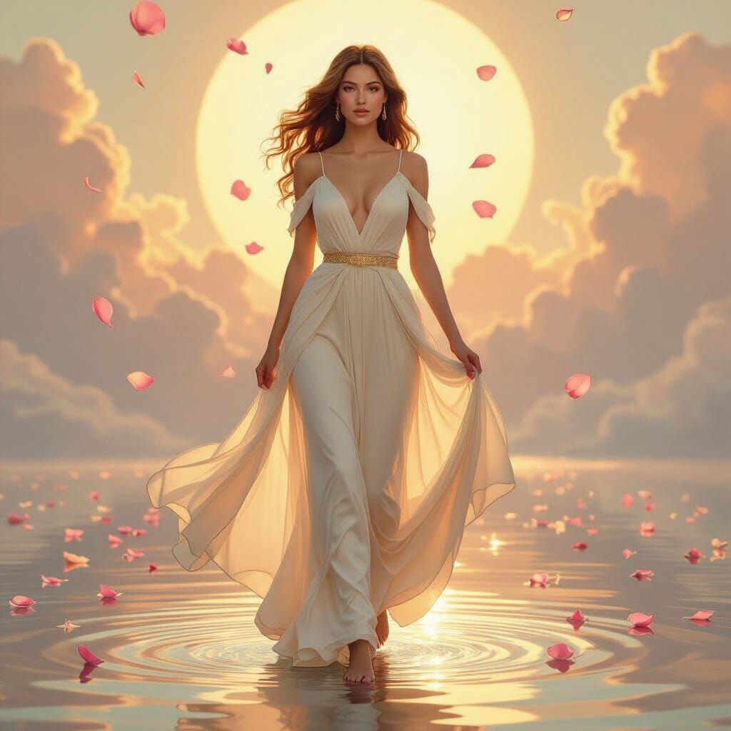 Dreamlike Woman in Golden Light, Art Nouveau Style