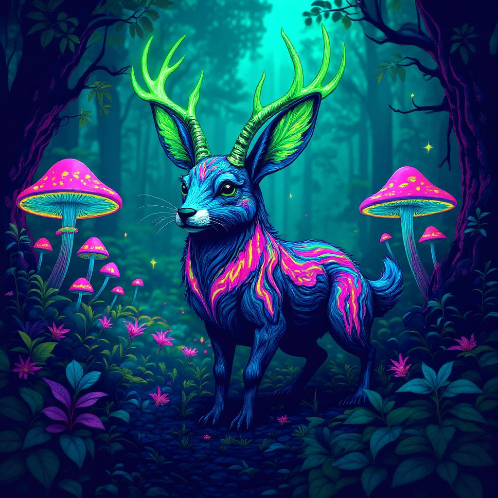 Psychedelic Neon Jackalope in Enchanted Forest