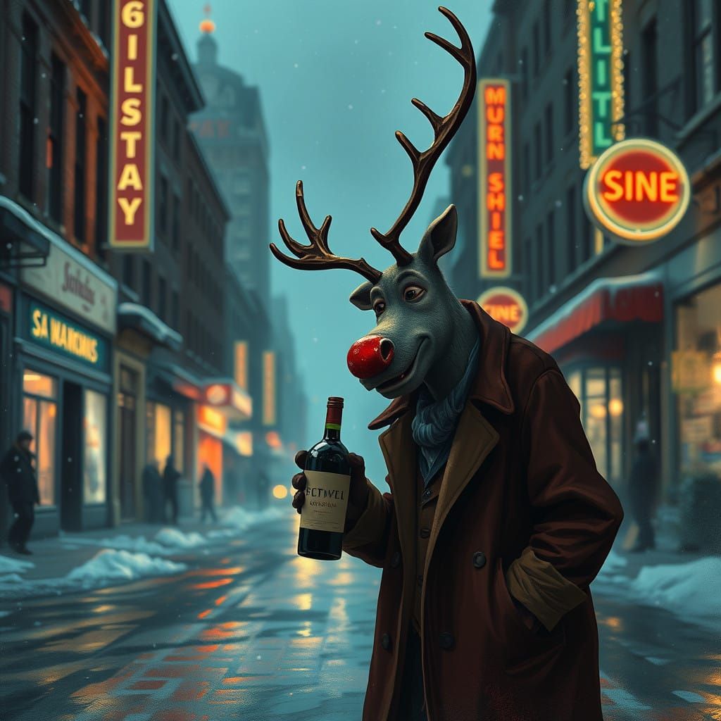 A Gritty Red-Nosed Reindeer in a Rainy City