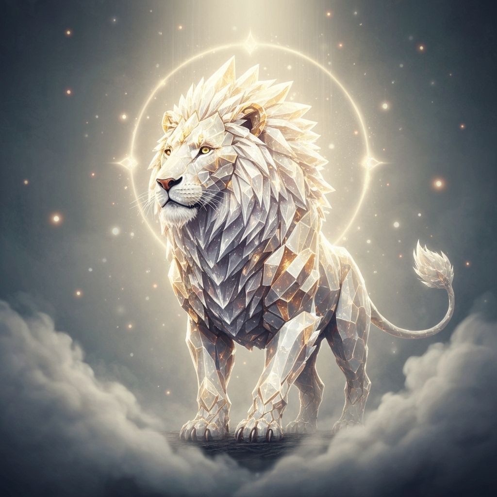 Crystalline Lion Emerges from Mist in Divine Light