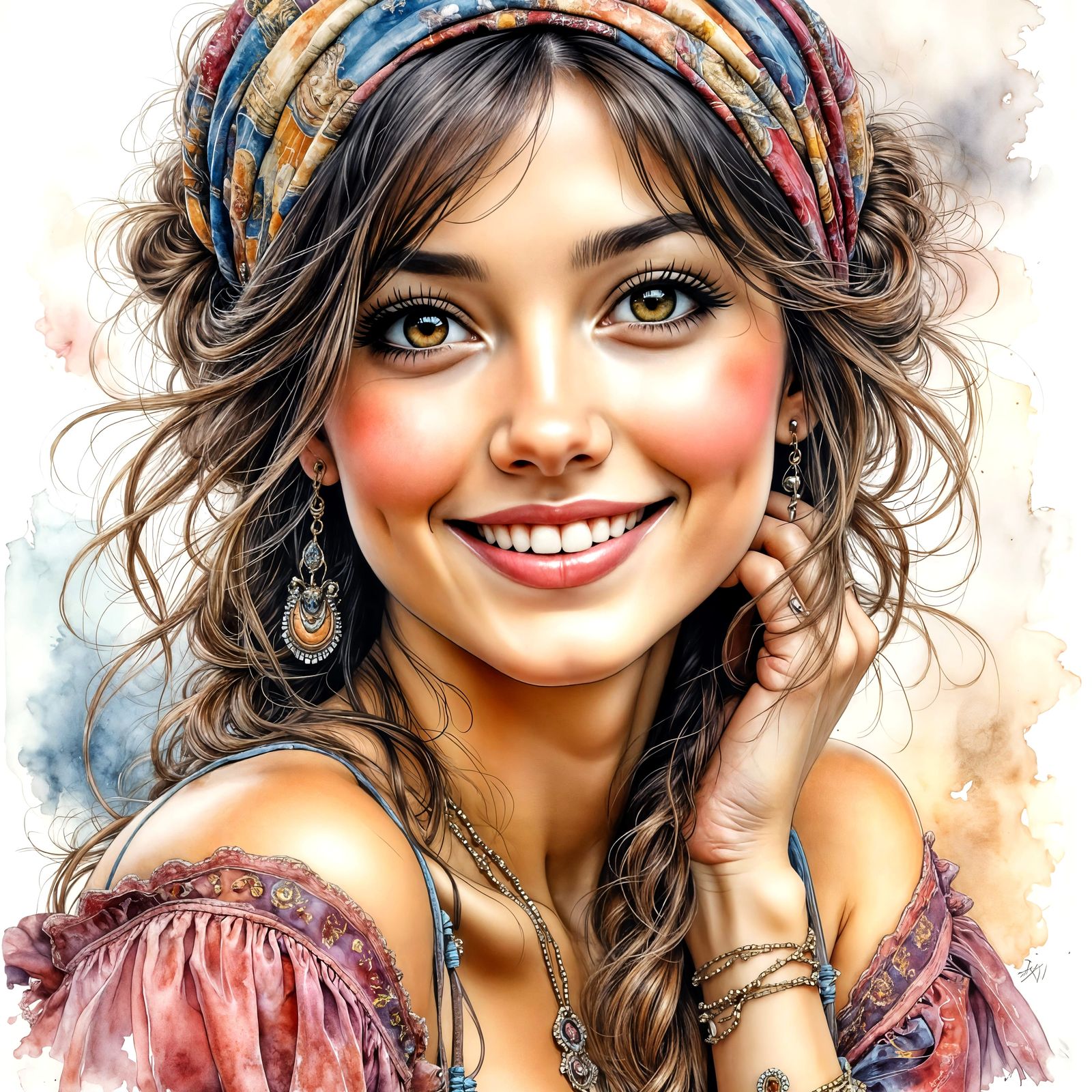 Confident Young Persian Woman Smiling in Watercolor Style