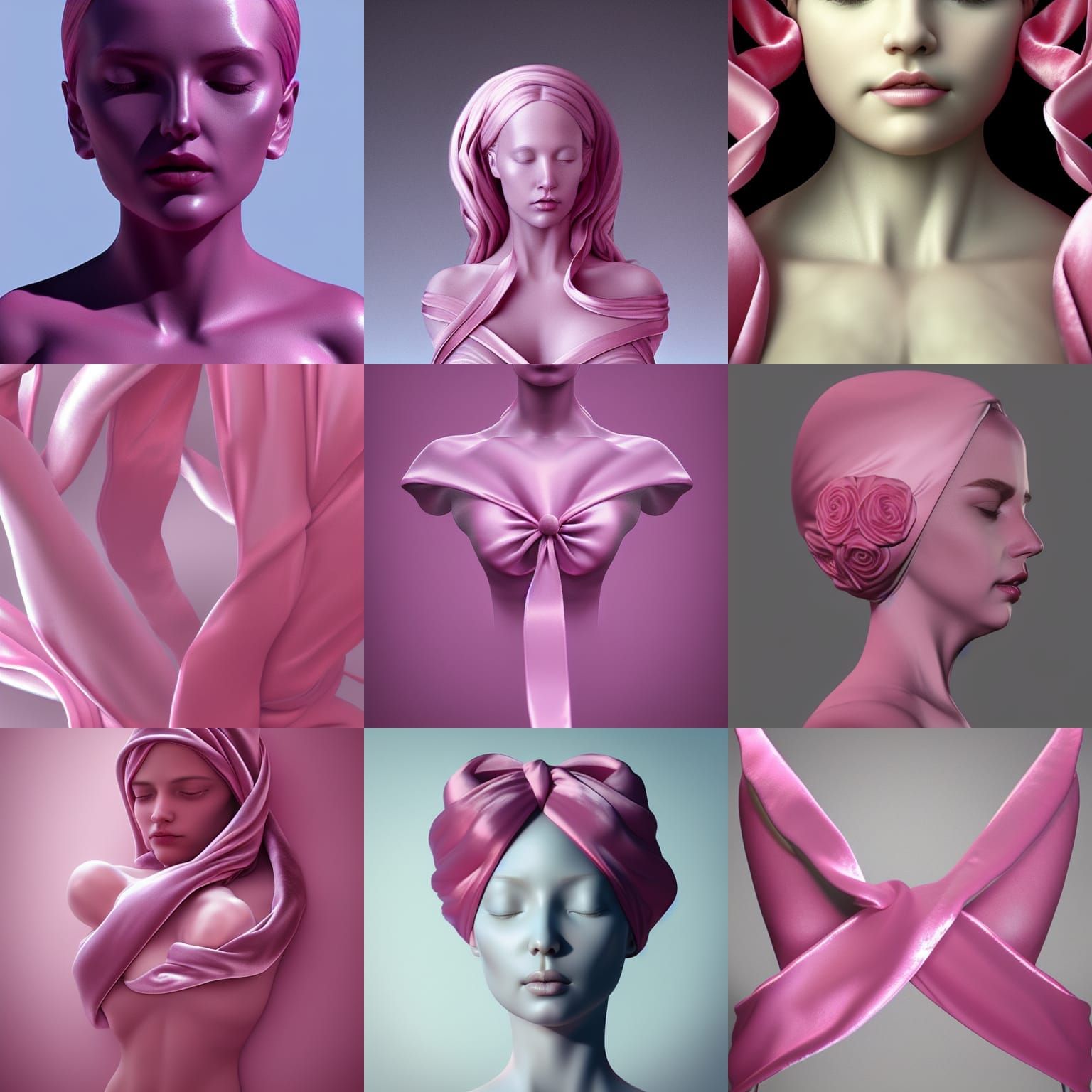 Satin velvet pink ribbon breast cancer awareness sculpture, floral, artstation, artgerm, hyperrealism, digital art, 3d, ...