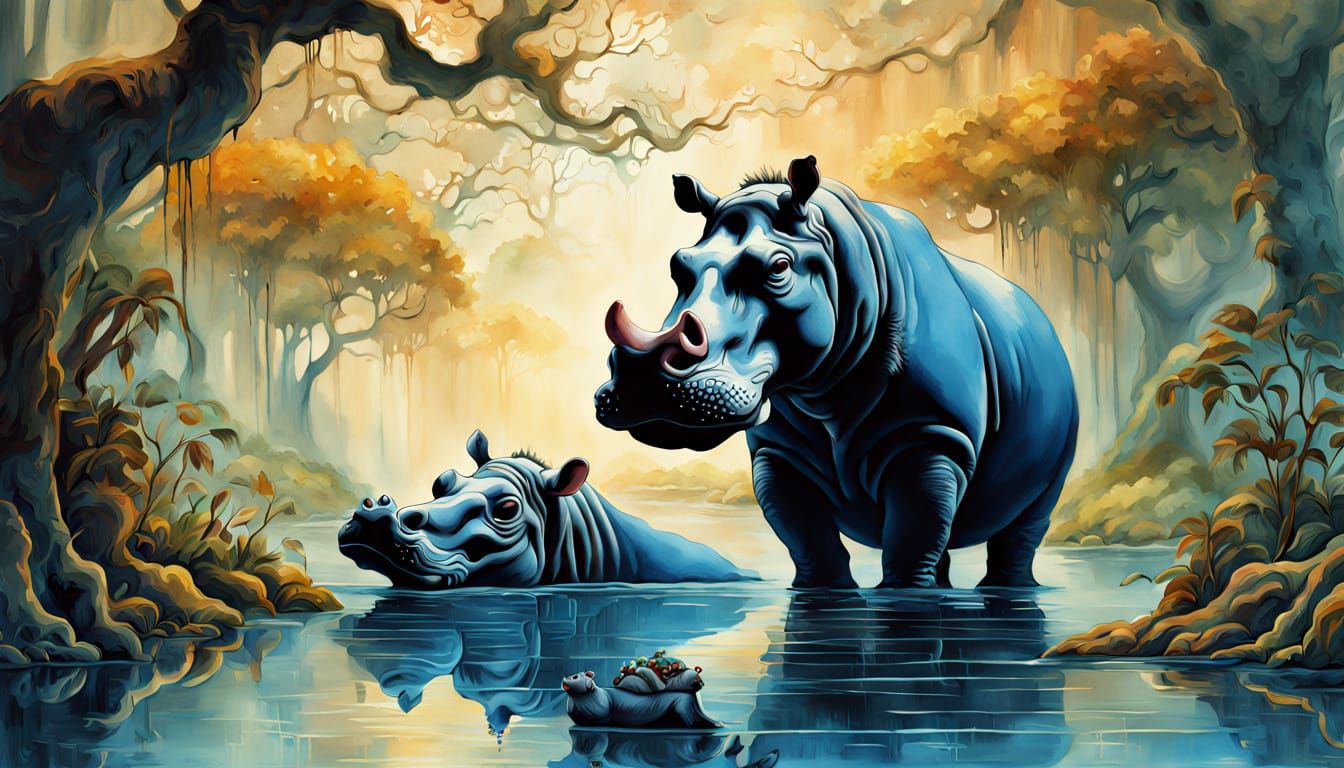 Hippo in Flowing Robes: Impressionistic Watercolour Masterpi...