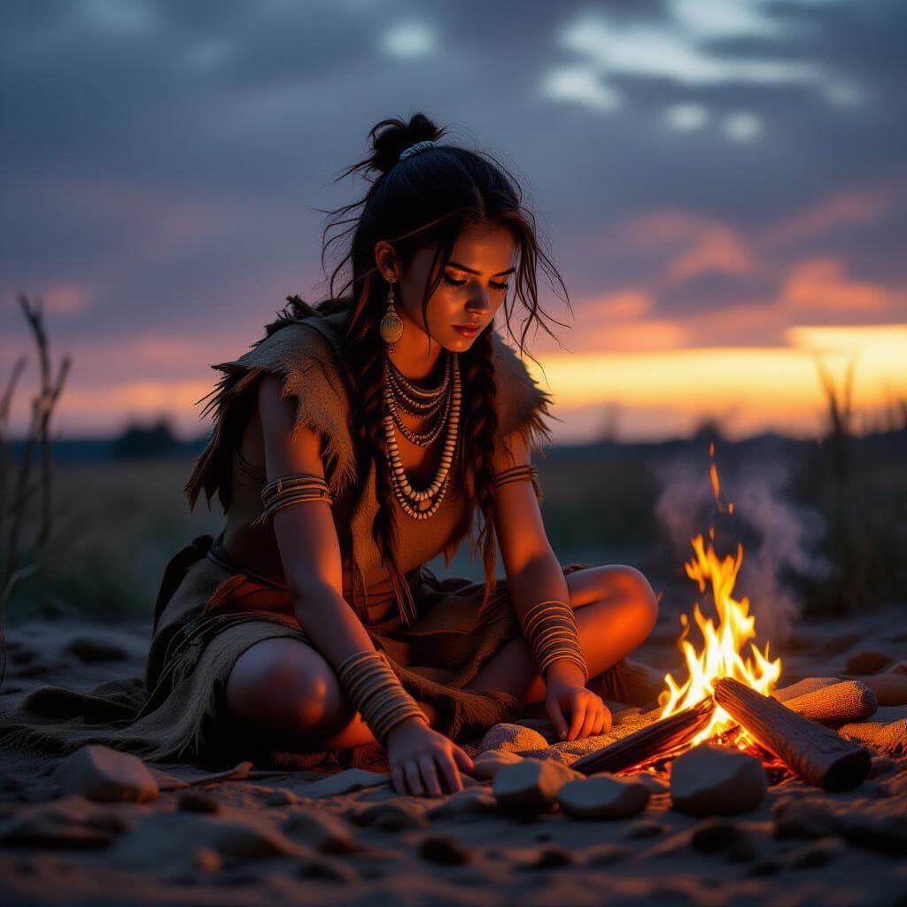 Prehistoric Woman by Firepit at Dusk
