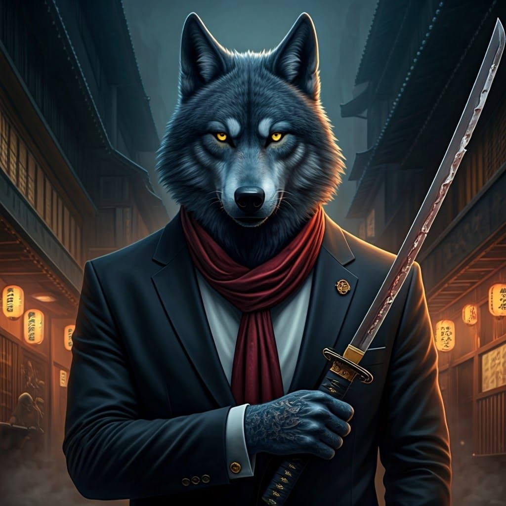 Yakuza Wolf with Katana in Japanese Alleyway