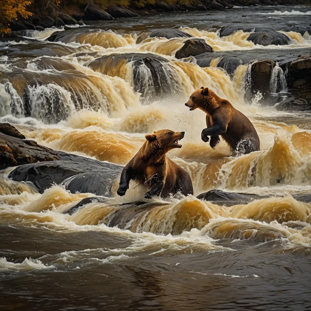 Brown Bears Catching Salmon at Brooks Falls, Alaska
