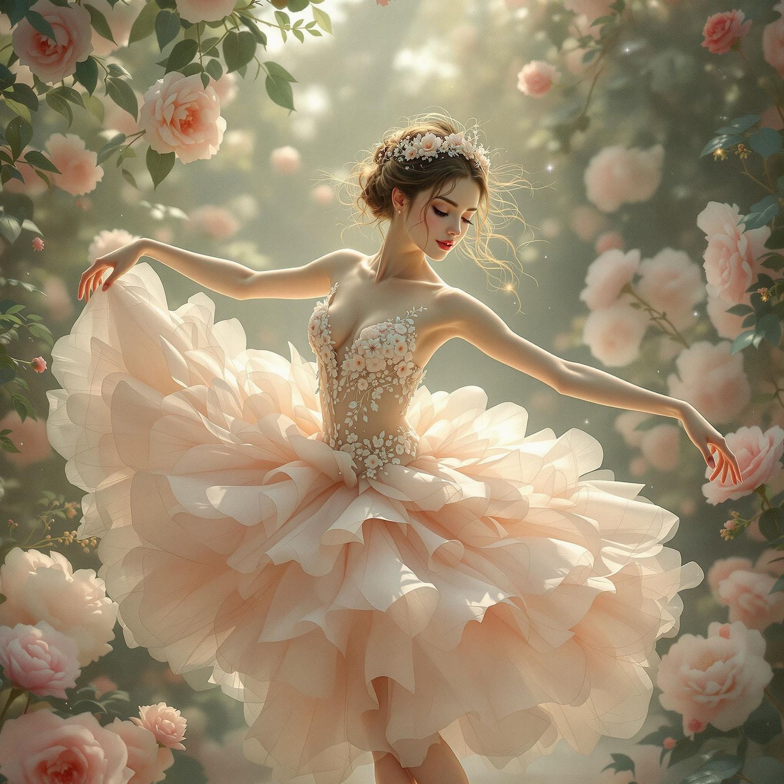 Ethereal Ballerina in Whimsical Garden Setting